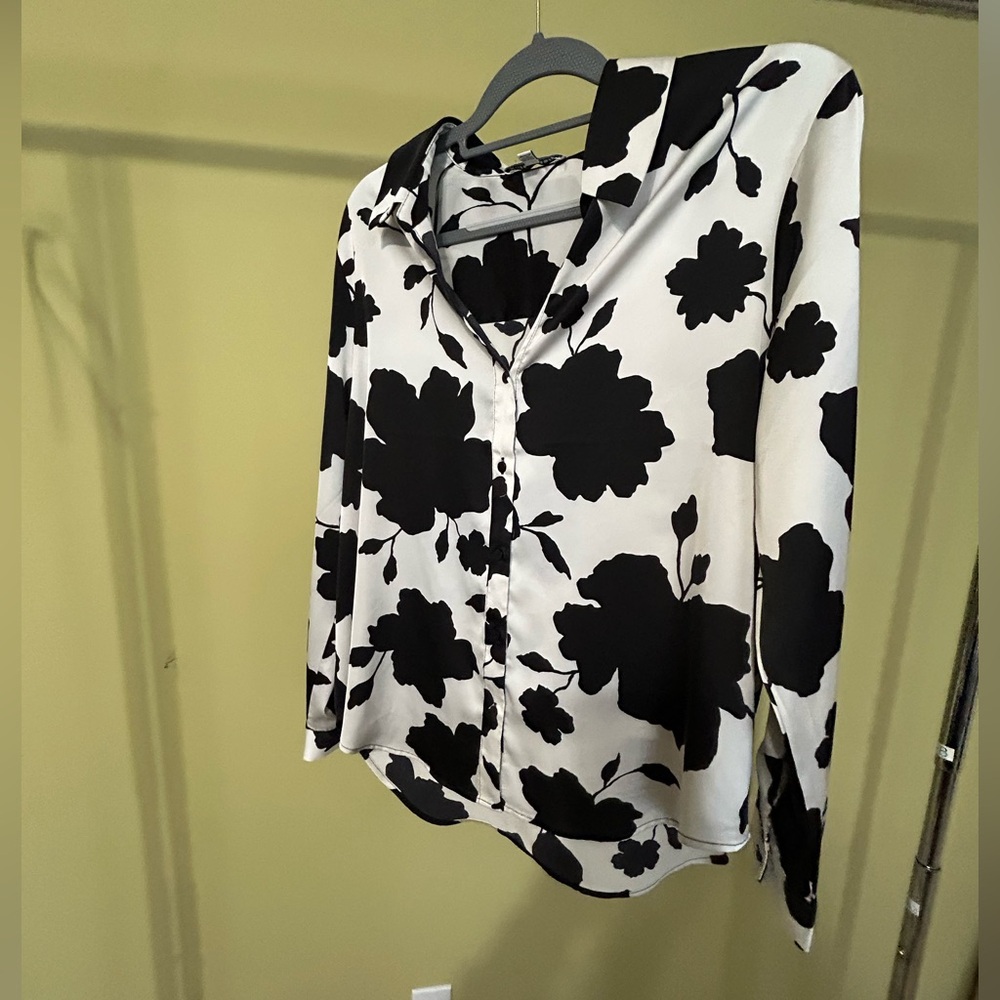 Elegant Black and White Satin Floral Button Down Shirt